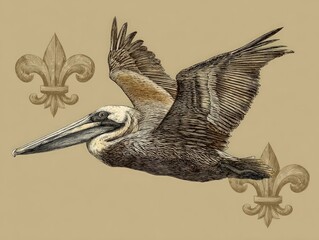 Brown Pelican in Flight Surrounded by Fleur-de-Lis Symbols.