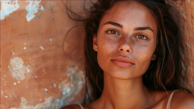 This is a stock of a woman with long dark hair and glowing skin. She has freckles and her gaze is directed off-camera, giving an impression of relaxation or daydreaming.