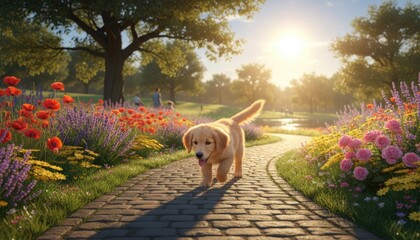 Golden Retriever Puppy Walking on a Paved Path Through a Lush Park Blooming with Red and Purple Flowers Under a Golden Sunset Sky