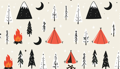 Charming Retro Camping Pattern with Tents, Campfires, and Moonlit Mountain Peaks