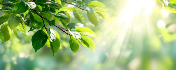 Obraz premium fresh soft spring leaves with warm sunlight beams creating a bright open upper space for refined seasonal text placement