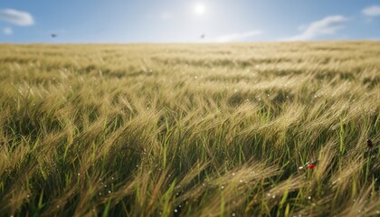 Golden Wheat Field Under Bright Sunlight With Blue Sky And Gentle Breeze Stirring The Stalks