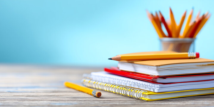 neatly placed notebooks and pencils in a lower corner creating a structured layout with a bright open upper text zone