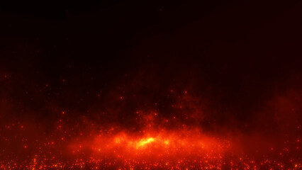 Glowing red fire particles and flying ashes on dark background. Abstract fiery texture for cinematic compositions, fantasy scenes, dramatic visuals, overlays and motion design backgrounds.