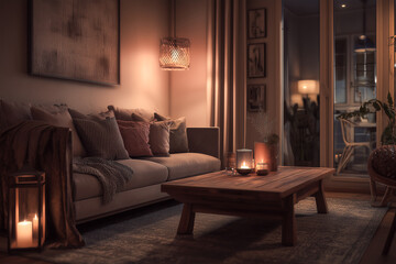 evening lifestyle setting with soft ambient lighting, warm textures and carefully arranged objects creating a serene home mood
