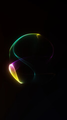 Multicolored glowing plasma orb with flowing liquid light on dark background. Futuristic abstract illustration for digital technology concepts, sci fi visuals and modern vertical design.