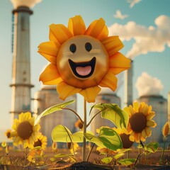 Cheerful Giant Sunflower Amid Industrial Chimneys Under Blue Sky.