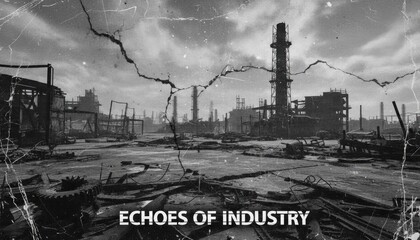 Grayscale Industrial Landscape with Cracked Textures and Distant Towers Under a Textured Sky