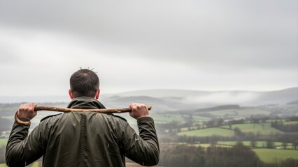 Man with walking stick overlooking a vast, misty green landscape under a cloudy sky.
