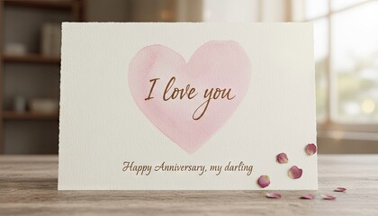 Handmade Anniversary Card Featuring a Soft Pink Watercolor Heart with the Words I Love You and Happy Anniversary in Elegant Script with Scattered Rose Petals on a Textured Paper Surface