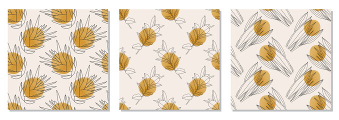 Obraz premium Set of trendy minimalist seamless botanical pattern with abstract creative line art hand drawn composition