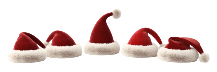 Santa Hat Collection on transparent Background, Realistic Christmas Holiday Hat Set