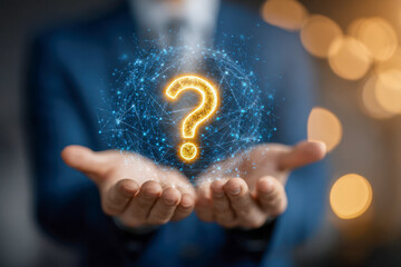 Businessman holding glowing question mark surrounded by digital blue network connections symbolizing inquiry and problem-solving in technology environment