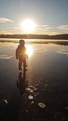 Child Standing on Frozen Lake at Sunset.