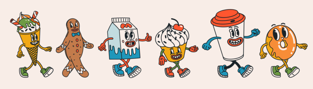 Groovy food and coffee characters in retro cartoon style with walking ice cream, gingerbread, milk box, cupcake, coffee cup and donut. Fun vintage illustration for stickers, packaging and branding