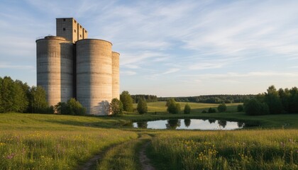 Historic Stone Silo Structure Standing Tall In A Grassy Field With Wildflowers Under A Bright Blue Sky With Fluffy Clouds