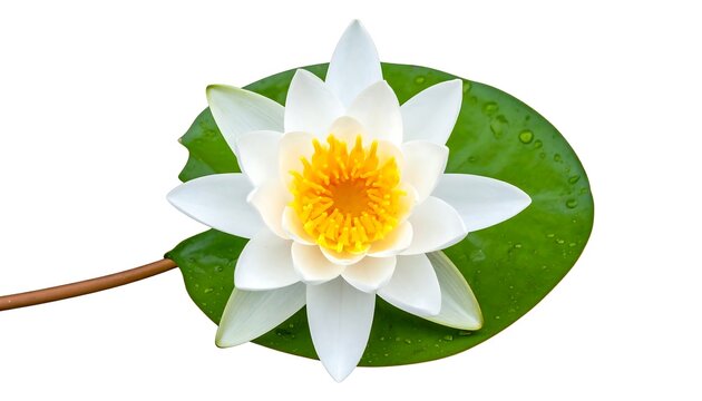 Pristine white water lily with golden center, resting atop a verdant green lily pad. Isolated shot - Powered by Adobe