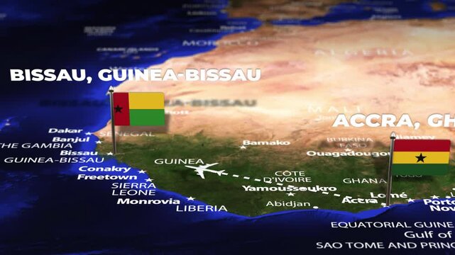 Flight From Accra GHANA to Bissau GUINEA BISSAU with flag pins