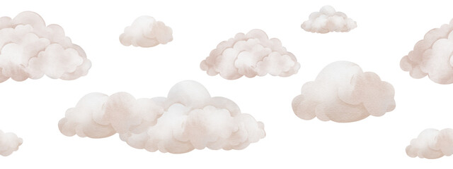 Seamless watercolor horizontal ornament with pastel beige clouds in the sky. Repeat banner or frame with illustration of background for nursery wallpaper, baby decor, textiles, or children paper.