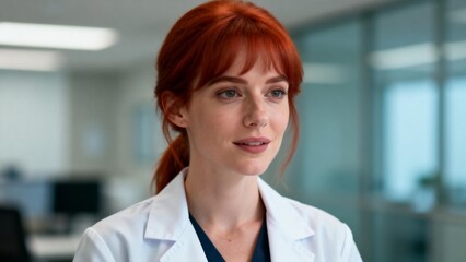 Woman in white lab coat in office
