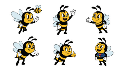 Set of Six Cartoon Bees in Various Poses and Expressions.