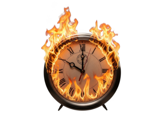 Vintage clock face engulfed in flames isolated on transparent background