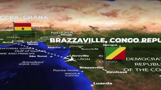 Flight From Accra GHANA to Brazzaville CONGO REPUBLIC with flag pins