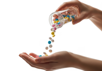 Hands pouring colorful pills from a clear container into an open palm isolated on transparent background