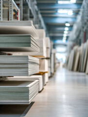 Stacks of large white construction panels neatly organized on shelves inside a spacious warehouse with bright overhead lighting and clean polished floors