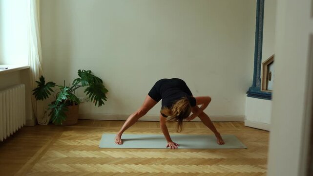 Full shot of a woman in a dynamic transitional yoga pose (Half Moon or Revolved Triangle variation) with one leg and opposite arm extended, emphasizing strength, balance, and movement.