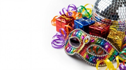 Obraz premium Colorful party celebration items with masquerade mask and disco ball for festive event design, white back