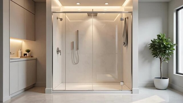 Modern luxury bathroom interior featuring a bright walk-in shower enclosure with sleek glass doors and contemporary vanity storage