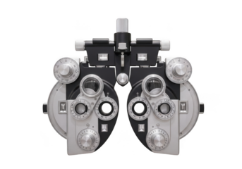 Close up of an ophthalmic phoropter for eye examinations isolated on transparent background