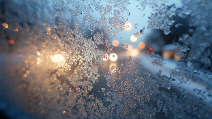 Frosty window with blurred city lights, blue and orange bokeh with copy space