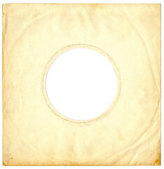 Alte sch&auml;bige Schallplattenh&uuml;lle aus Papier mit braunen Flecken und starken Gebrauchsspuren - wirkt stark abgegriffen