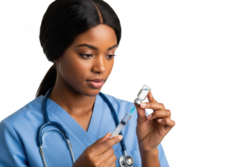 Nurse preparing a medical injection with a syringe and vial isolated on transparent background