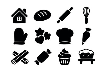 A collection of black silhouette icons representing various baking tools, ingredients, and sweet delights on a white background — stock vector.