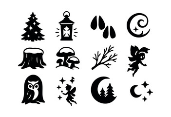 Fototapeta premium A versatile set of black silhouette icons depicting magical woodland elements such as fairies, owls, trees, moons, and mushrooms, perfect for enchanting designs. — stock vector.