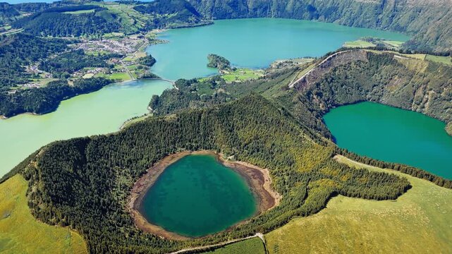 Sete Cidades caldera with contrasting twin lakes on Sao Miguel Island, Azores, aerial drone footage