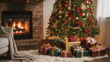 Cozy living room with christmas tree fireplace and wrapped gifts
