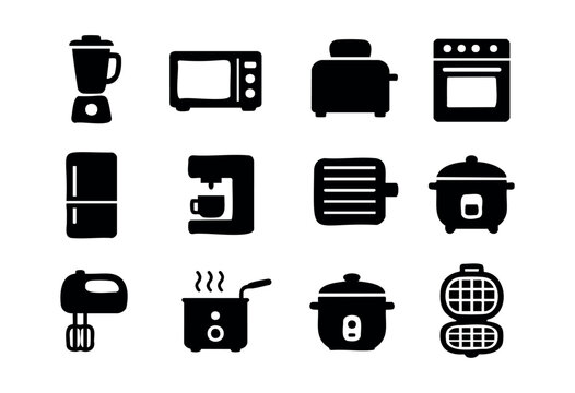 A comprehensive collection of black silhouette vector icons representing various modern kitchen appliances and cooking equipment for household use &mdash; stock vector.