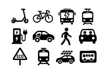 Fototapeta premium A collection of black silhouette icons representing various modes of sustainable transportation, electric vehicles, and urban mobility concepts on a white background — stock vector.
