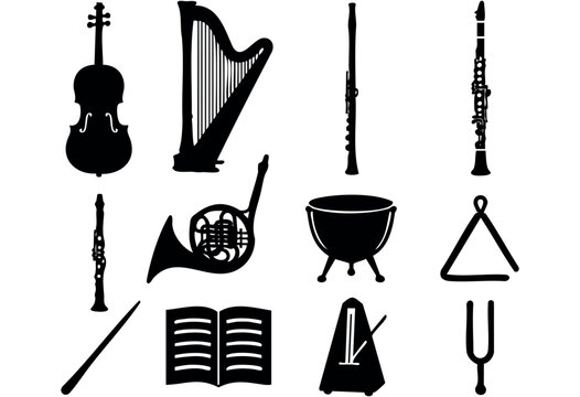 A comprehensive collection of black silhouettes featuring various classical orchestral instruments and musical accessories on a clean white background &mdash; stock vector.