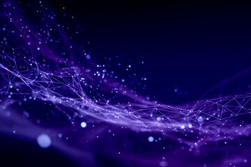 Futuristic digital network concept with glowing connected nodes and flowing lines in abstract deep blue and violet tones representing technology and data flow