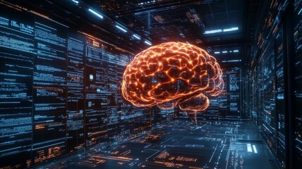 Glowing digital brain visualization in a server room environment
