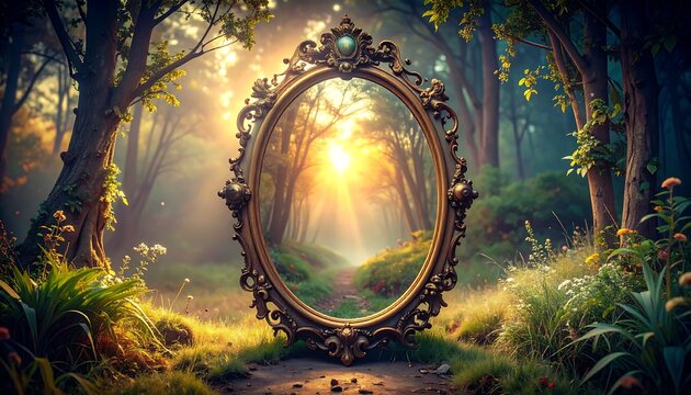 Oval ornate mirror reflects forest path, bathed in sunlight, framed by lush foliage and soft, ethereal atmosphere