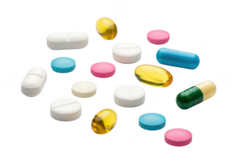 Assortment of colorful and white medicinal pills and capsules isolated on transparent background