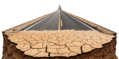 Dry cracked earth with a road splitting apart, symbolizing erosion, climate change, and the fragility of infrastructure in a changing environment, perfect for environmental awareness