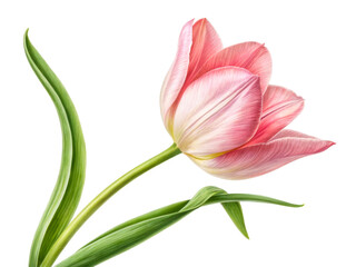 Naklejka premium Delicate pink tulip with green leaves presented in a striking studio portrait for floral arrangements and springtime celebrations, perfect for design projects.