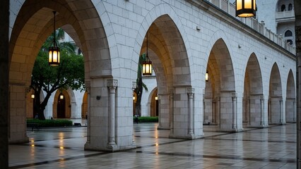 Obraz premium Elegant architectural arches illuminated with warm lights creating a serene atmosphere in the evening.